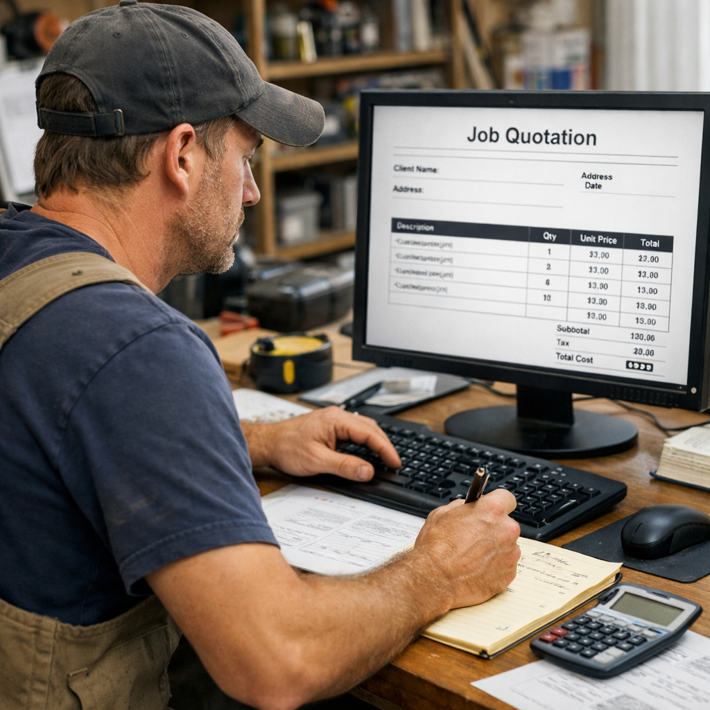 photographic image of a tradesperson writing up a quote on a computer-1